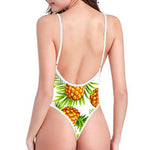White Tropical Pineapple Pattern Print High Cut One Piece Swimsuit