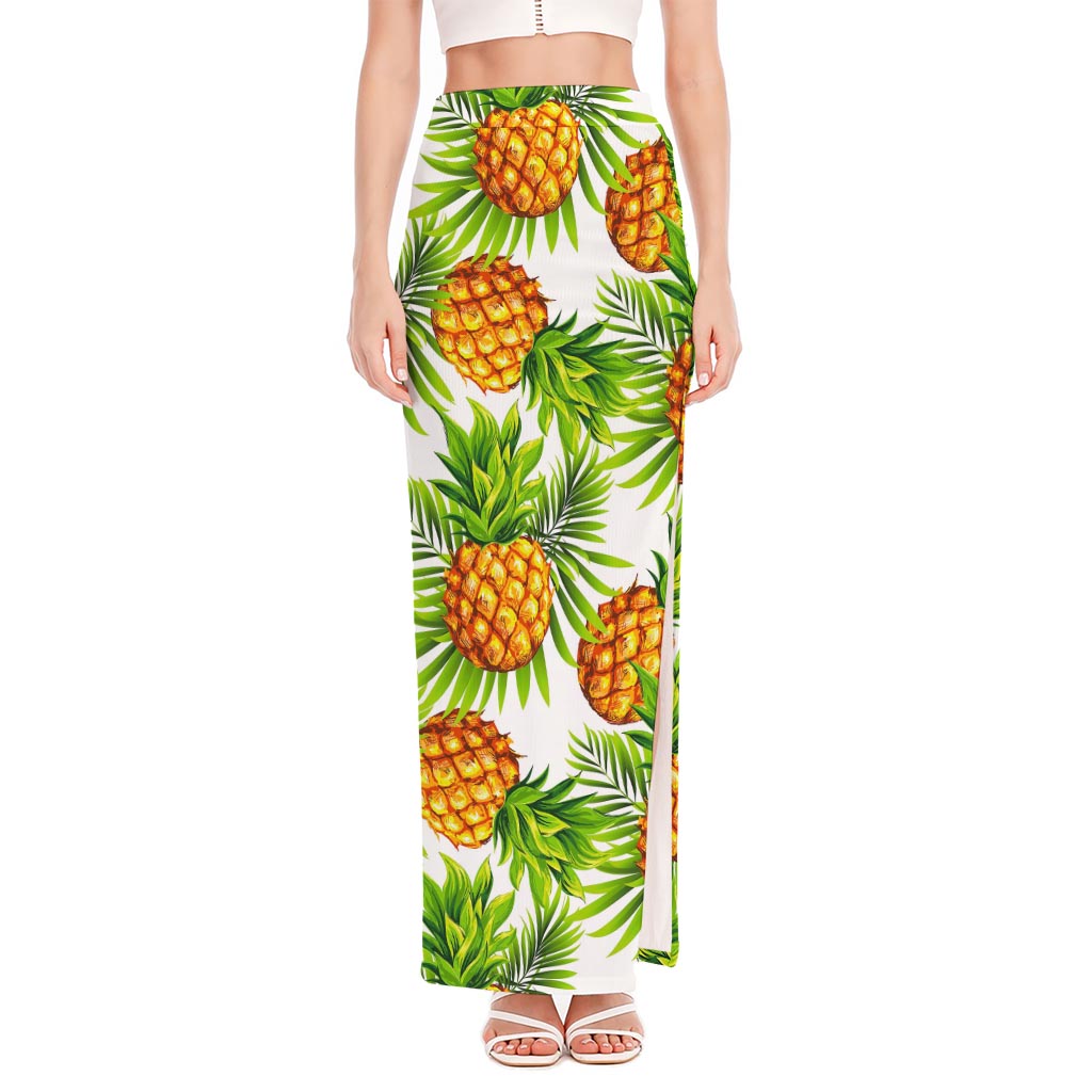 White Tropical Pineapple Pattern Print High Slit Maxi Skirt