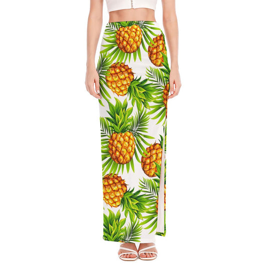 White Tropical Pineapple Pattern Print High Slit Maxi Skirt