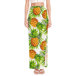 White Tropical Pineapple Pattern Print High Slit Maxi Skirt