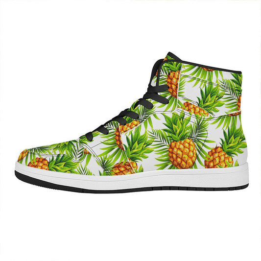White Tropical Pineapple Pattern Print High Top Leather Sneakers