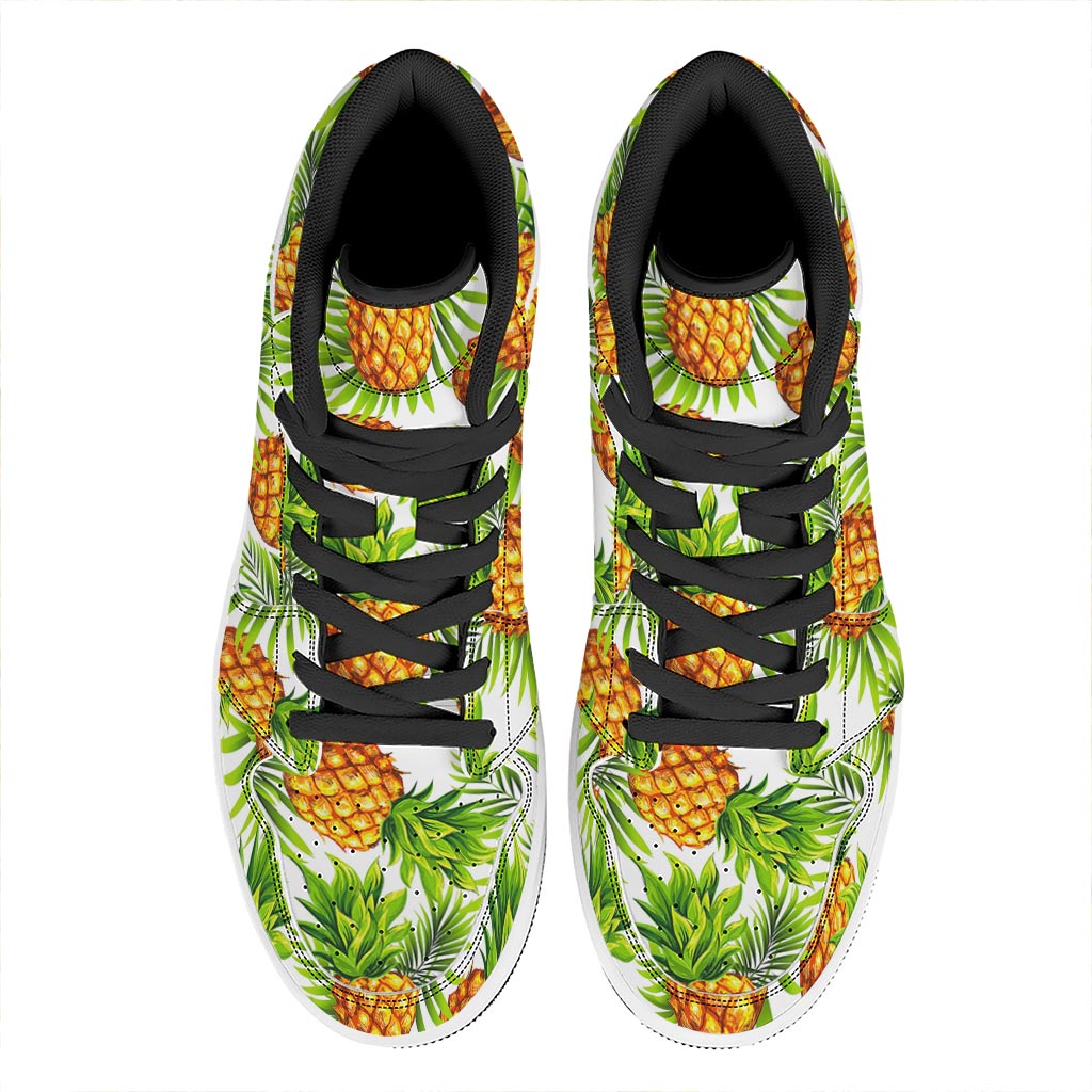 White Tropical Pineapple Pattern Print High Top Leather Sneakers