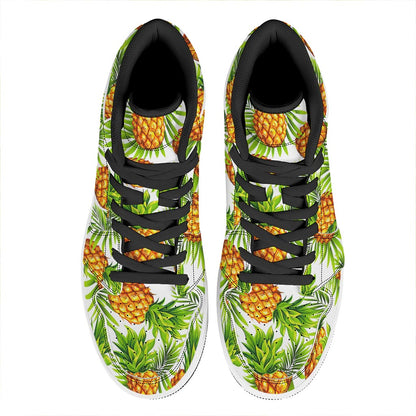 White Tropical Pineapple Pattern Print High Top Leather Sneakers