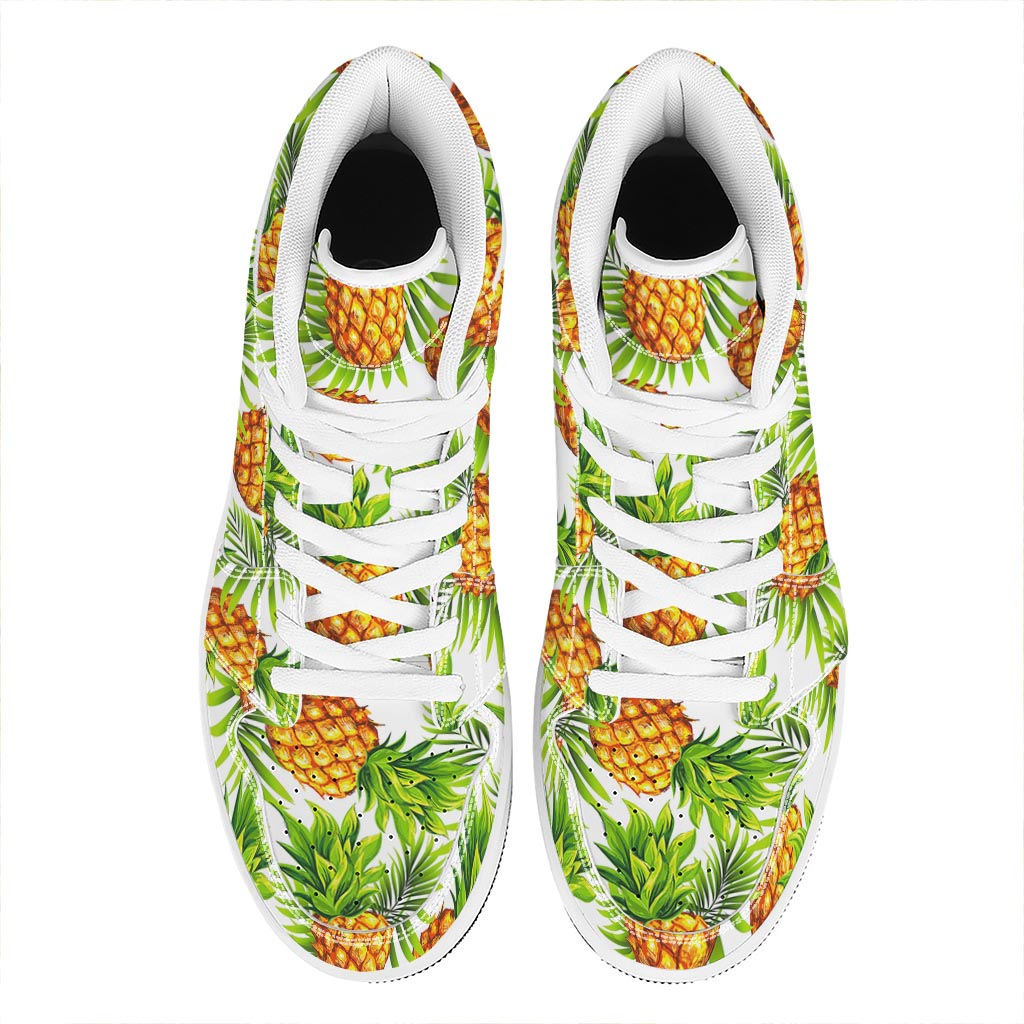 White Tropical Pineapple Pattern Print High Top Leather Sneakers
