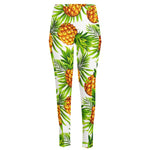 White Tropical Pineapple Pattern Print High-Waisted Pocket Leggings