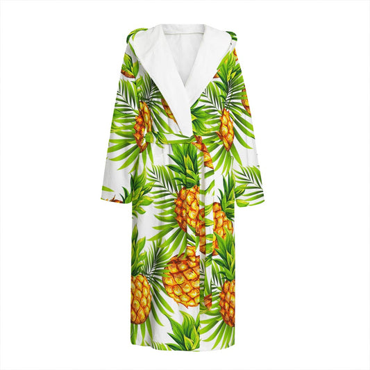 White Tropical Pineapple Pattern Print Hooded Bathrobe