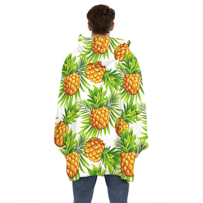 White Tropical Pineapple Pattern Print Hoodie Blanket