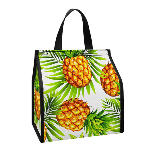 White Tropical Pineapple Pattern Print Insulated Lunch Tote