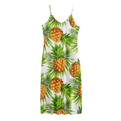 White Tropical Pineapple Pattern Print Jersey Midi Cami Dress