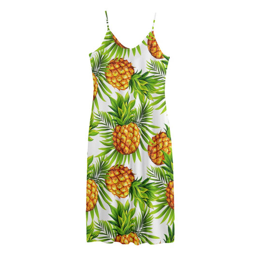 White Tropical Pineapple Pattern Print Jersey Midi Cami Dress
