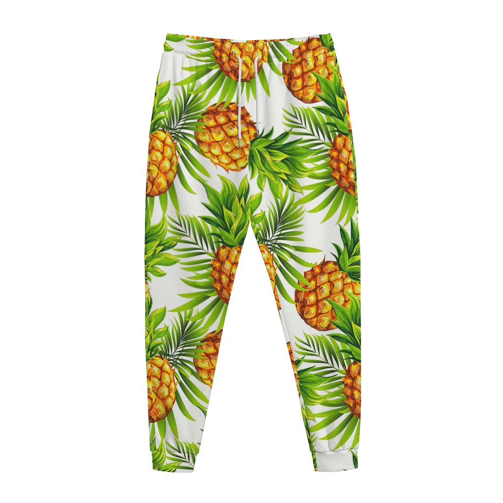 White Tropical Pineapple Pattern Print Jogger Pants