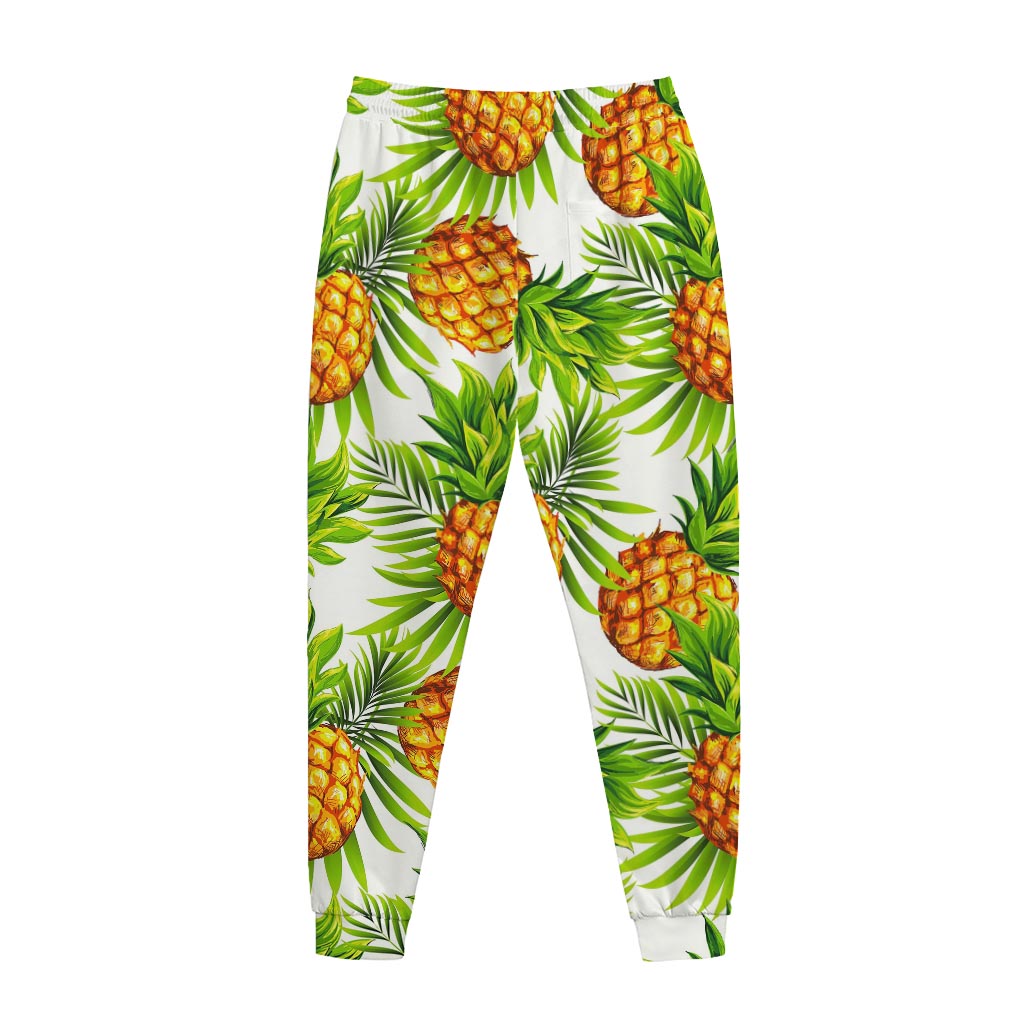 White Tropical Pineapple Pattern Print Jogger Pants