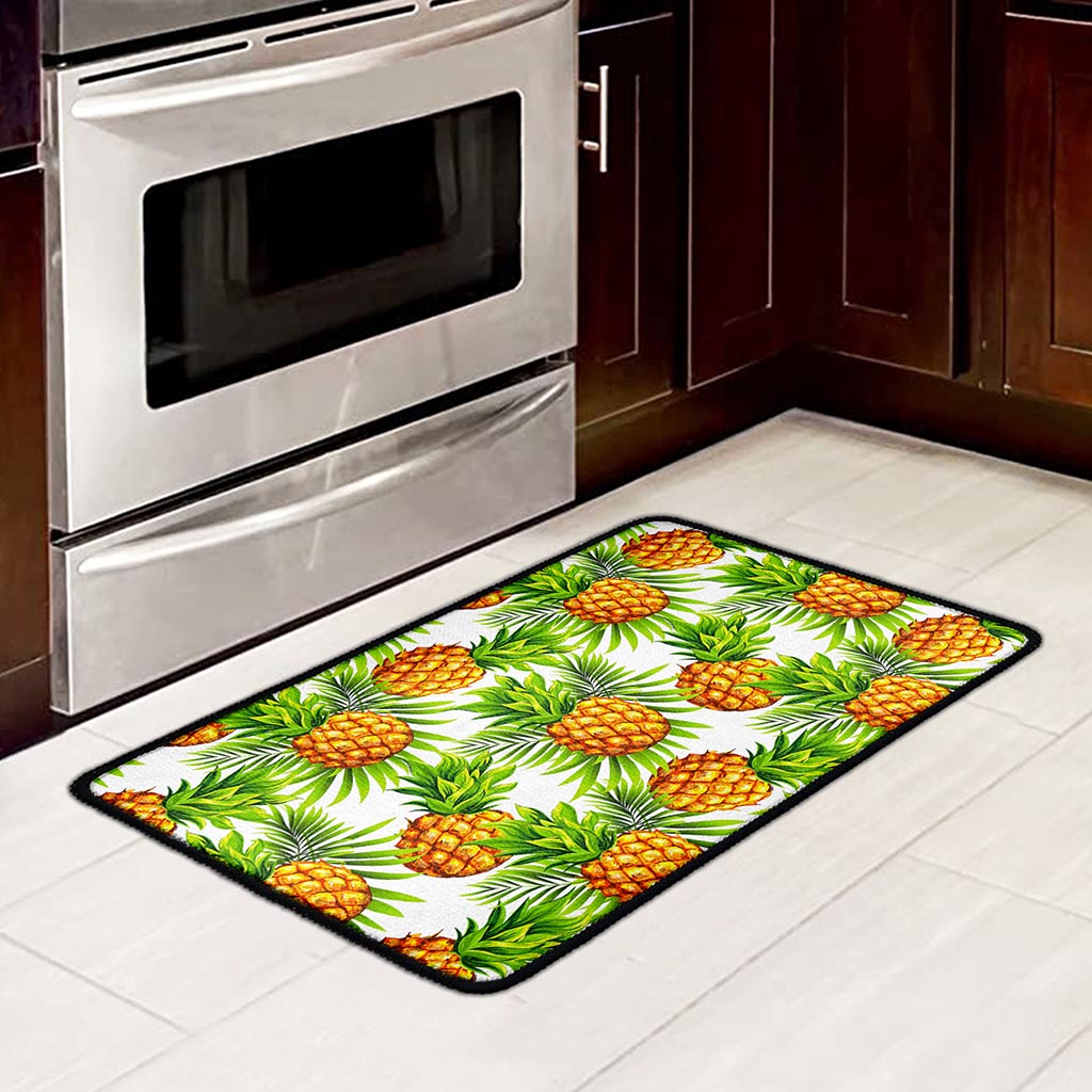 White Tropical Pineapple Pattern Print Kitchen Mat