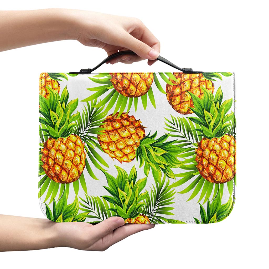 White Tropical Pineapple Pattern Print Leather Bible Cover
