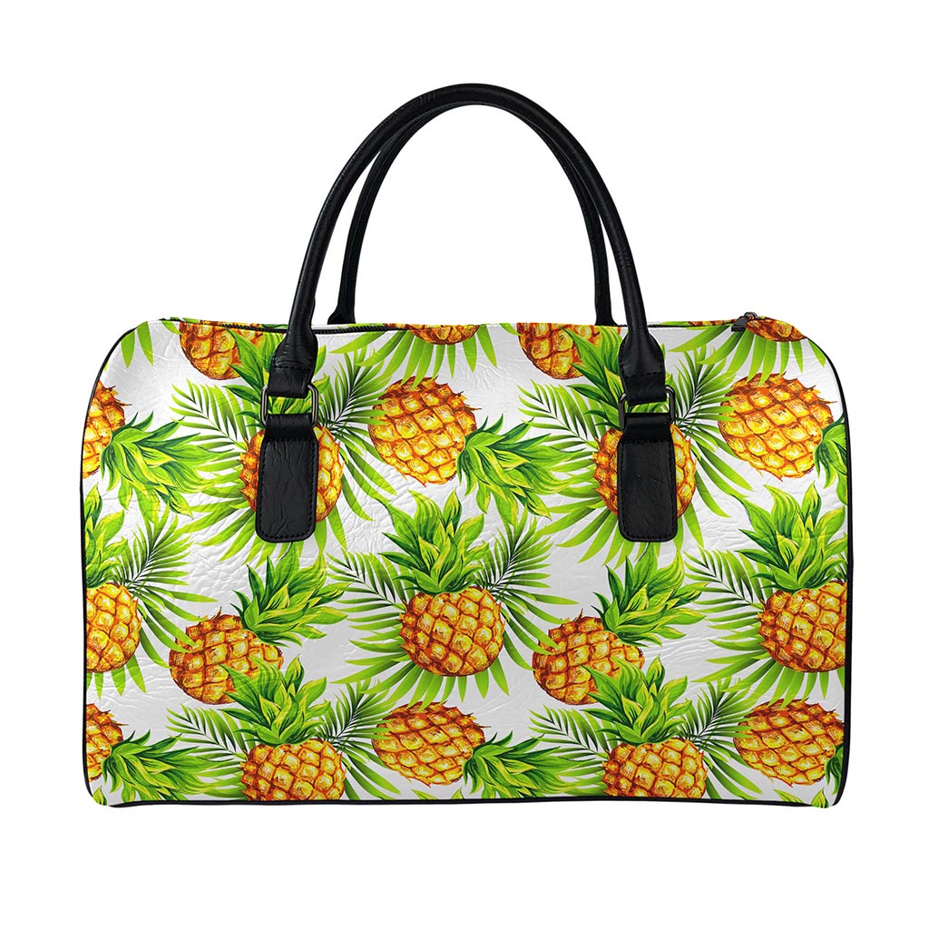 White Tropical Pineapple Pattern Print Leather Duffle Bag