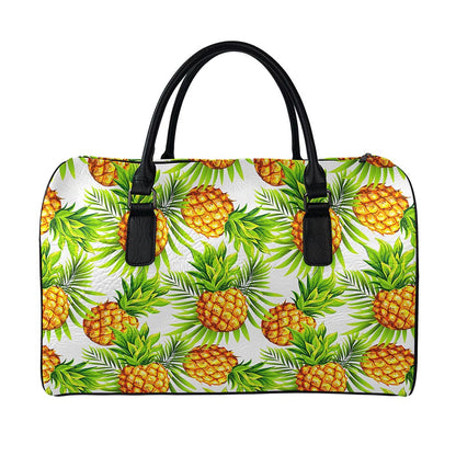 White Tropical Pineapple Pattern Print Leather Duffle Bag