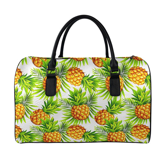 White Tropical Pineapple Pattern Print Leather Duffle Bag