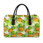 White Tropical Pineapple Pattern Print Leather Duffle Bag
