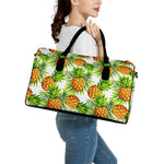 White Tropical Pineapple Pattern Print Leather Duffle Bag
