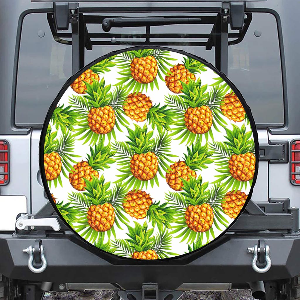 White Tropical Pineapple Pattern Print Leather Spare Tire Cover