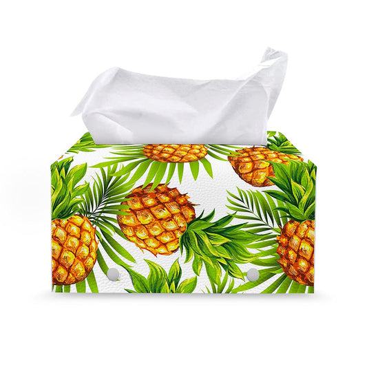 White Tropical Pineapple Pattern Print Leather Tissue Box Cover