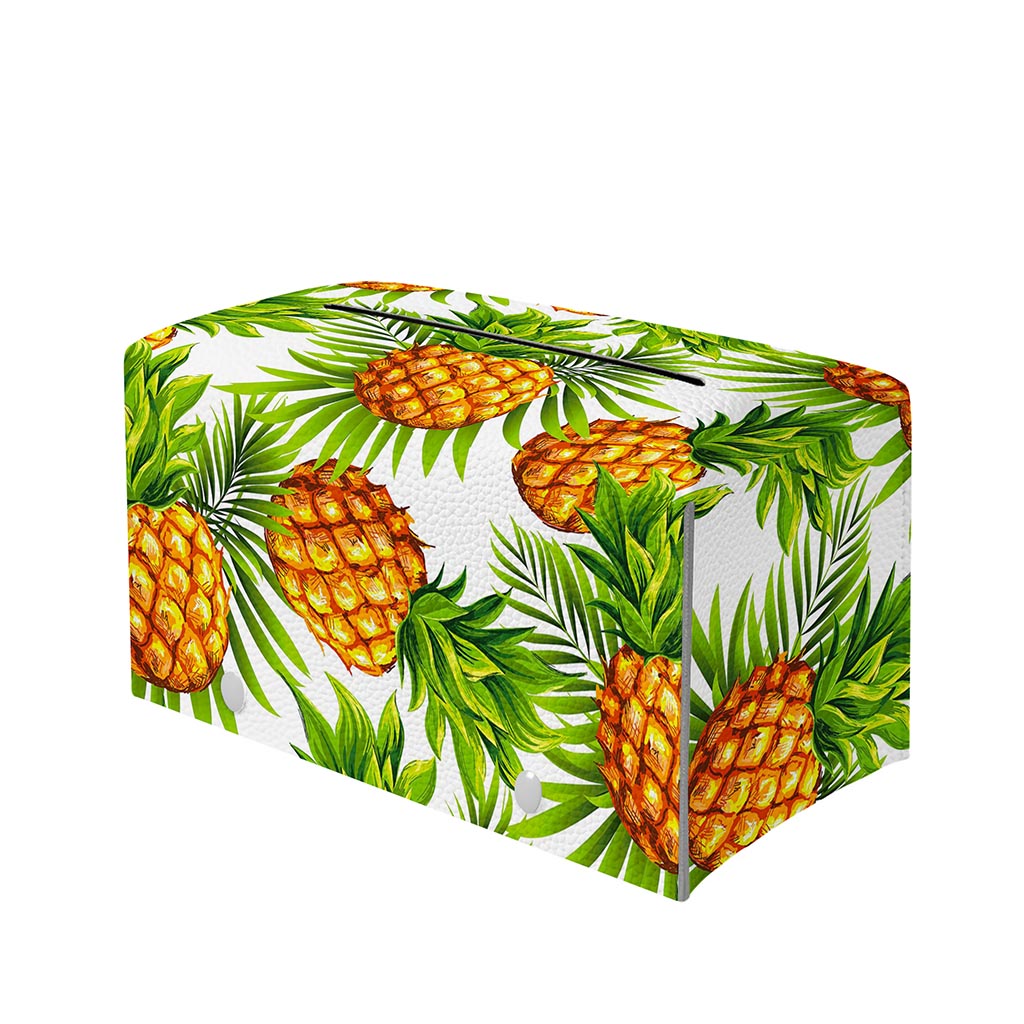 White Tropical Pineapple Pattern Print Leather Tissue Box Cover