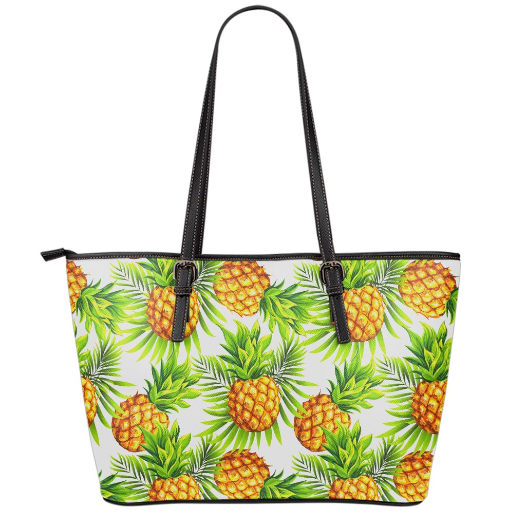 White Tropical Pineapple Pattern Print Leather Tote Bag