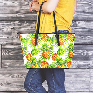 White Tropical Pineapple Pattern Print Leather Tote Bag