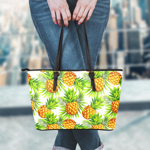 White Tropical Pineapple Pattern Print Leather Tote Bag