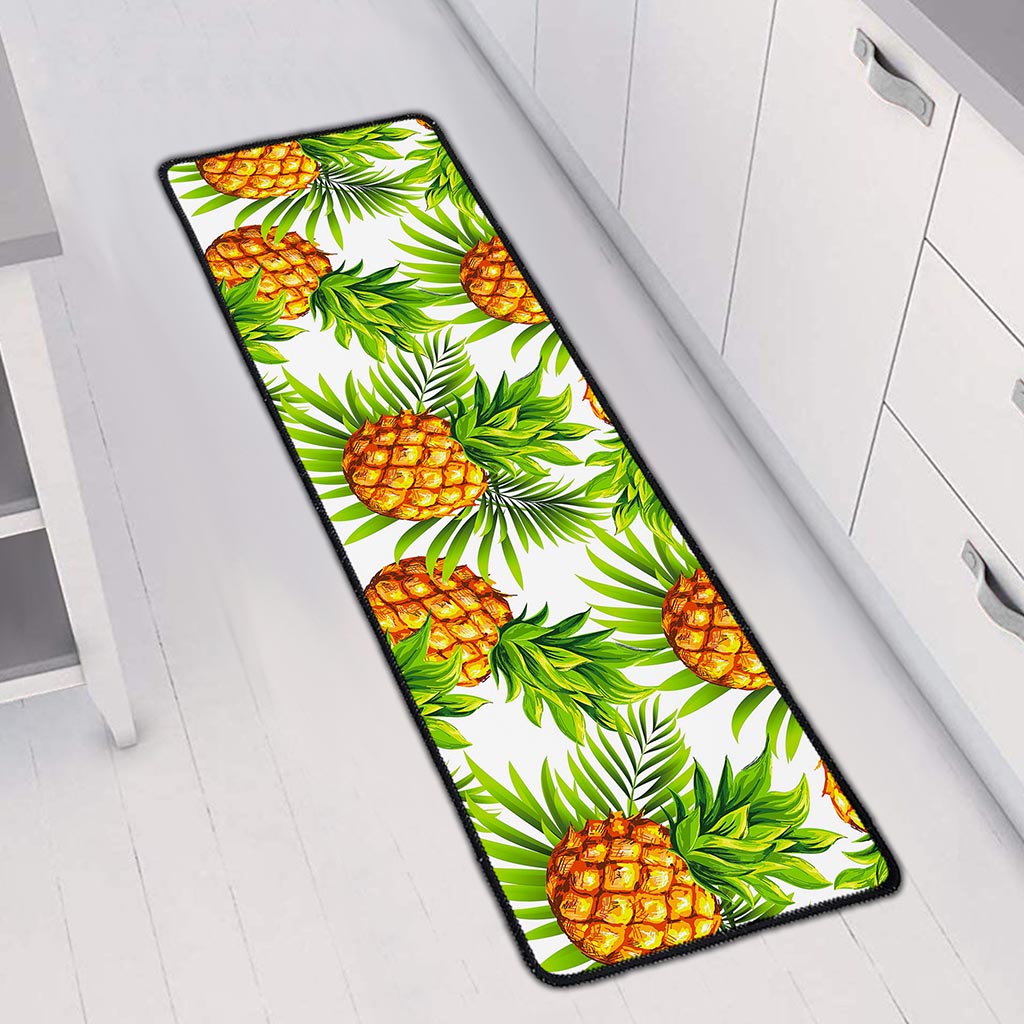 White Tropical Pineapple Pattern Print Long Kitchen Mat
