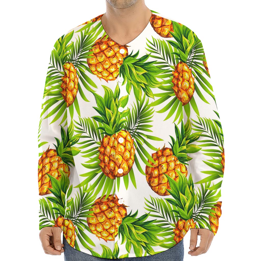 White Tropical Pineapple Pattern Print Long Sleeve Baseball Jersey