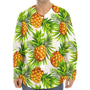 White Tropical Pineapple Pattern Print Long Sleeve Baseball Jersey