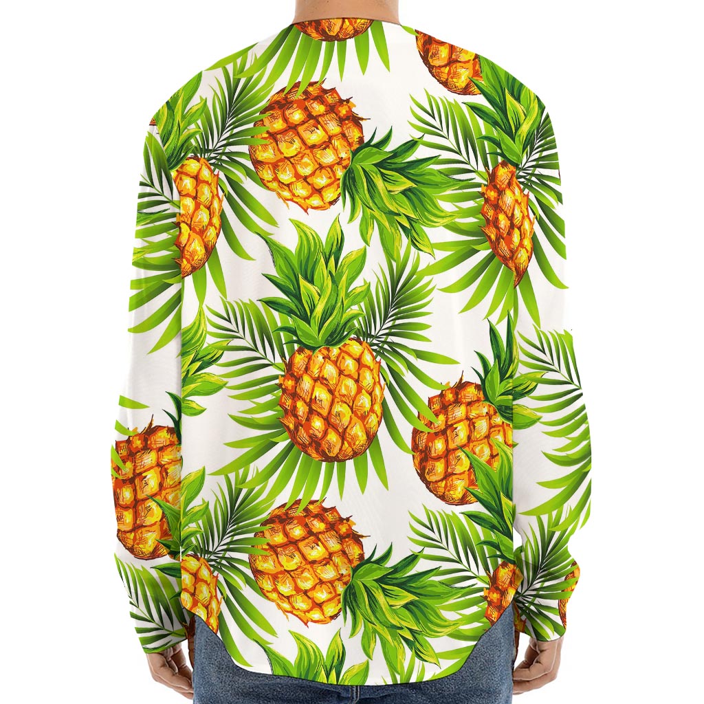 White Tropical Pineapple Pattern Print Long Sleeve Baseball Jersey