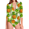 White Tropical Pineapple Pattern Print Long Sleeve Swimsuit