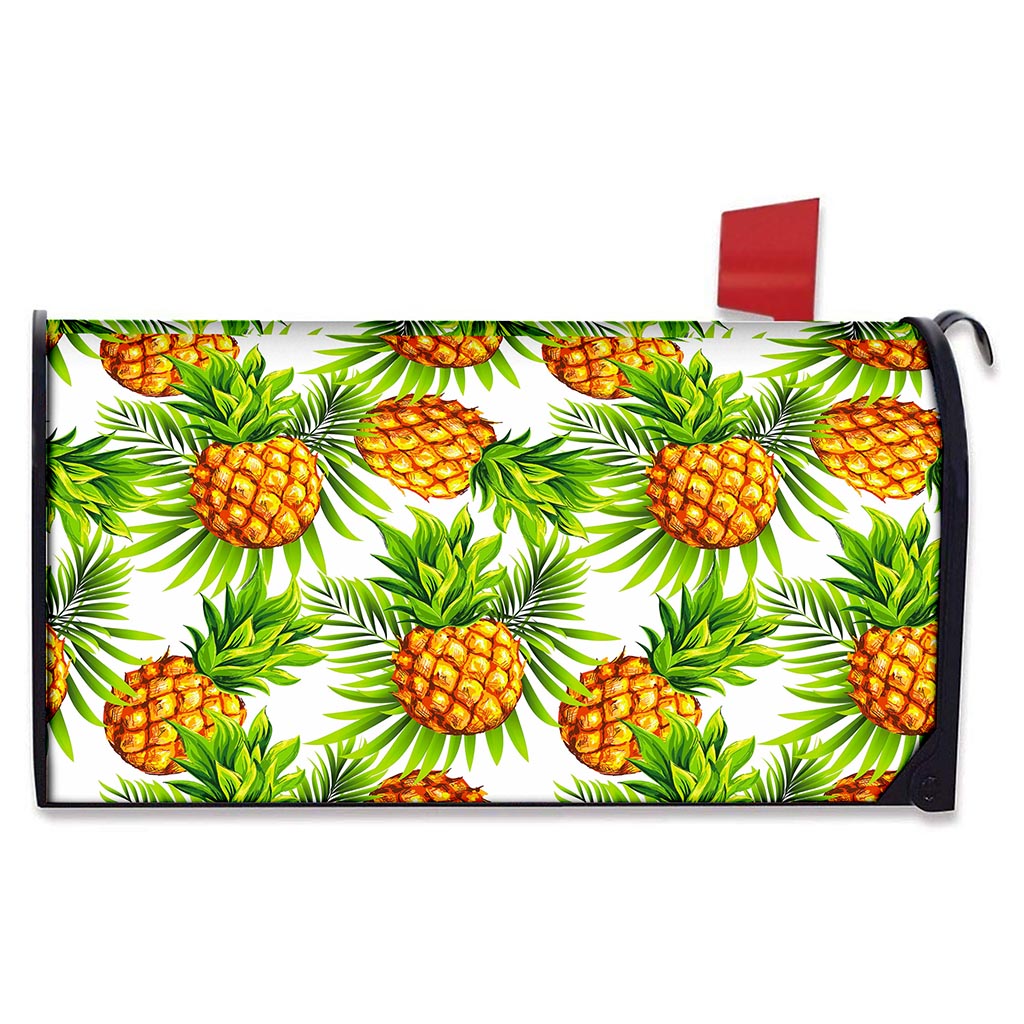 White Tropical Pineapple Pattern Print Mailbox Cover