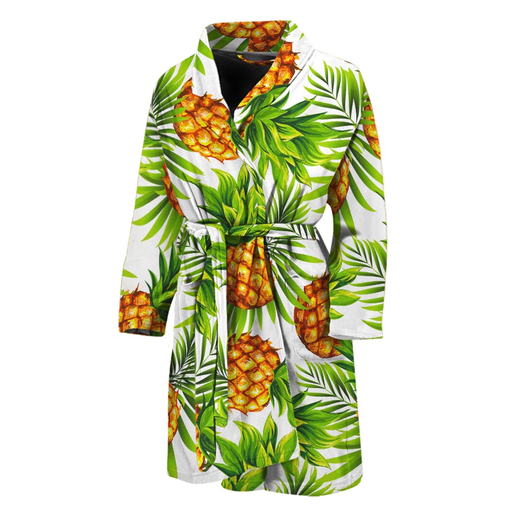 White Tropical Pineapple Pattern Print Men's Bathrobe
