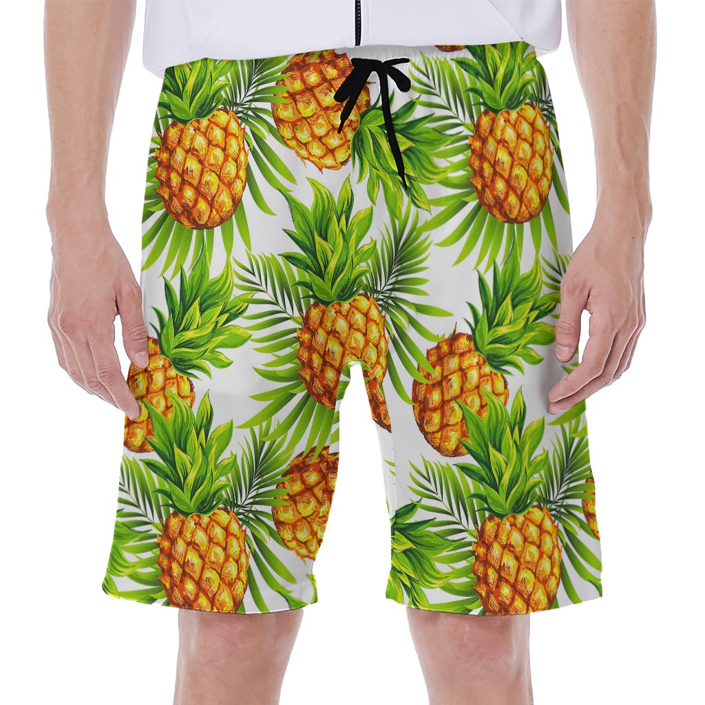 White Tropical Pineapple Pattern Print Men's Beach Shorts