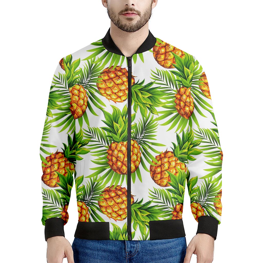 White Tropical Pineapple Pattern Print Men's Bomber Jacket