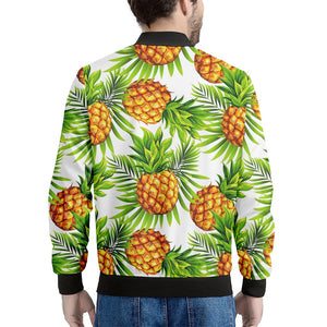 White Tropical Pineapple Pattern Print Men's Bomber Jacket