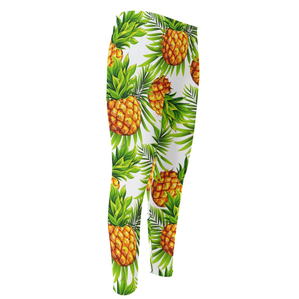 White Tropical Pineapple Pattern Print Men's Compression Pants