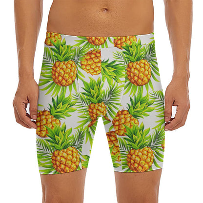 White Tropical Pineapple Pattern Print Men's Long Boxer Briefs