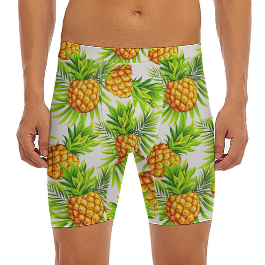 White Tropical Pineapple Pattern Print Men's Long Boxer Briefs