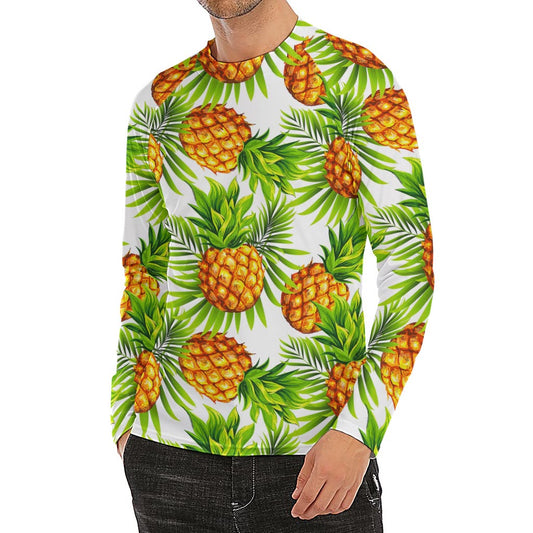 White Tropical Pineapple Pattern Print Men's Long Sleeve Rash Guard