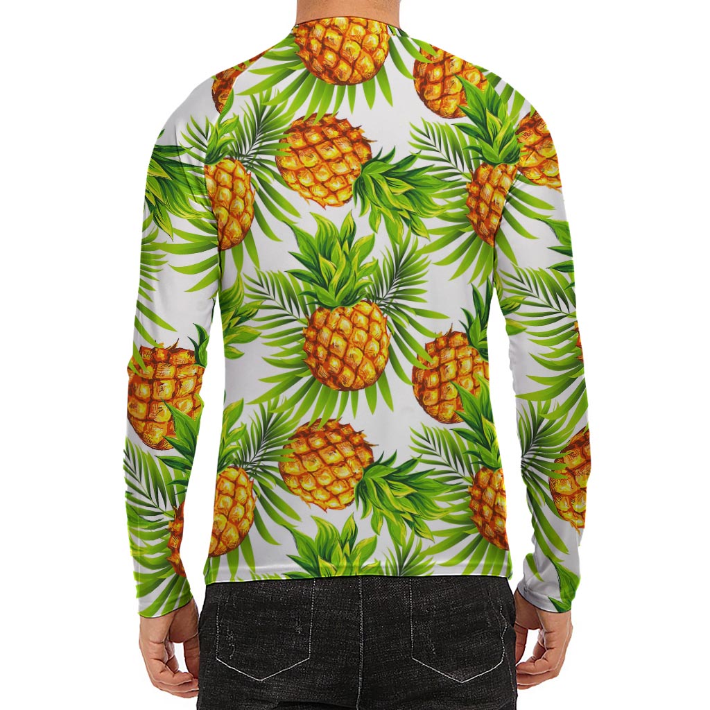 White Tropical Pineapple Pattern Print Men's Long Sleeve Rash Guard