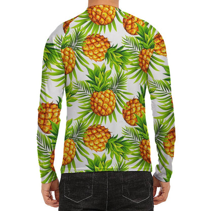 White Tropical Pineapple Pattern Print Men's Long Sleeve Rash Guard