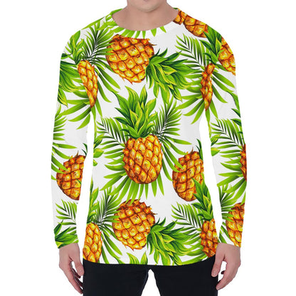 White Tropical Pineapple Pattern Print Men's Long Sleeve T-Shirt
