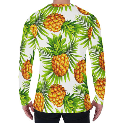 White Tropical Pineapple Pattern Print Men's Long Sleeve T-Shirt