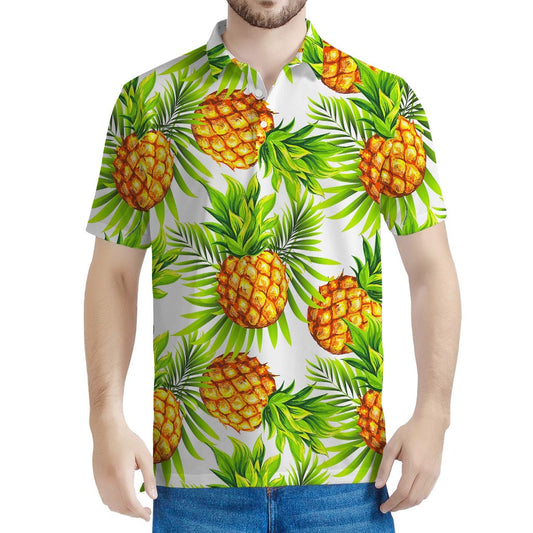 White Tropical Pineapple Pattern Print Men's Polo Shirt