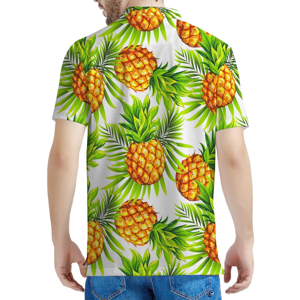 White Tropical Pineapple Pattern Print Men's Polo Shirt