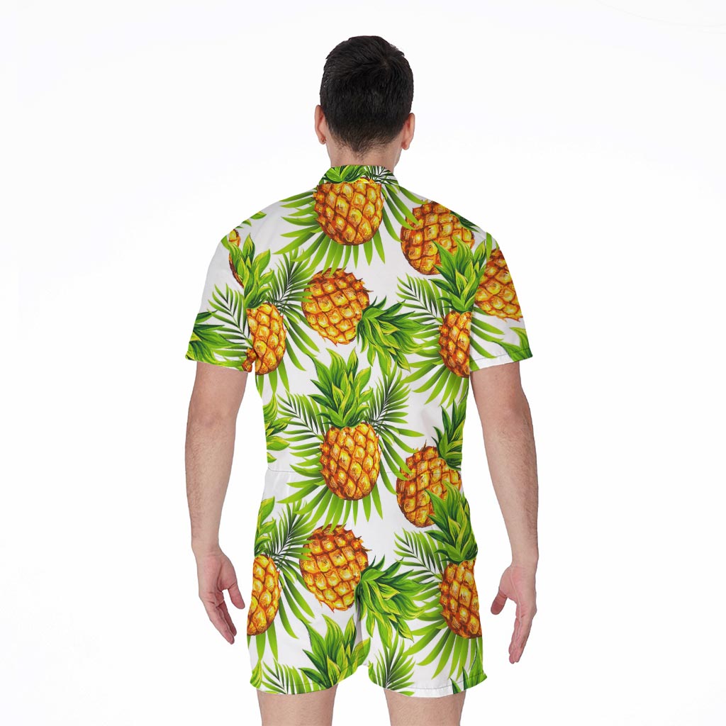 White Tropical Pineapple Pattern Print Men's Rompers